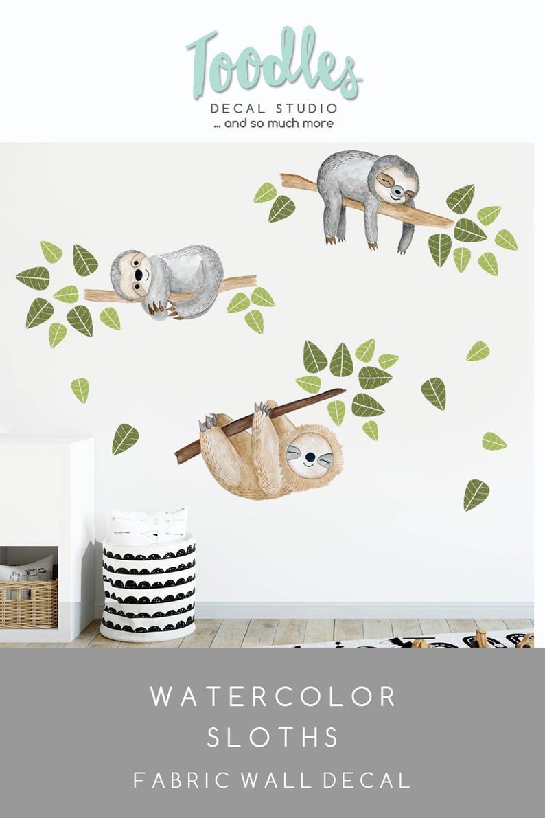 Baby SLOTH Wall Decal Watercolor Fabric Stickers Sloth