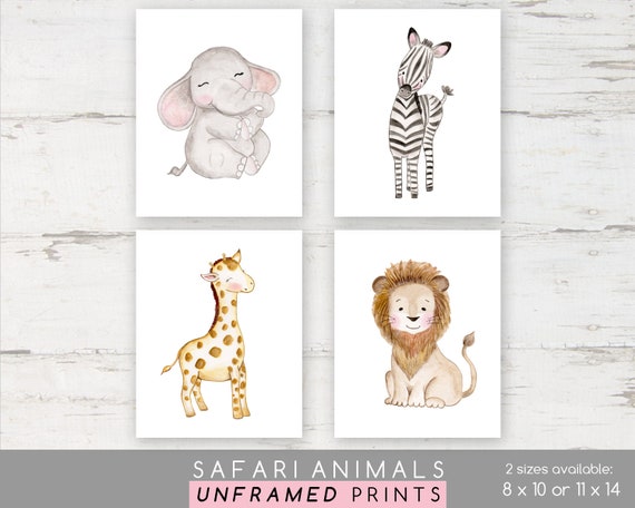 Safari Animal Baby Nursery Art Prints Set Childrens Bedroom Decor Gift Boy Girl