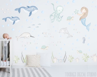 OCEAN wall decal nursery decor, sealife stickers, neutral baby shower gift, XLarge ocean theme stickers
