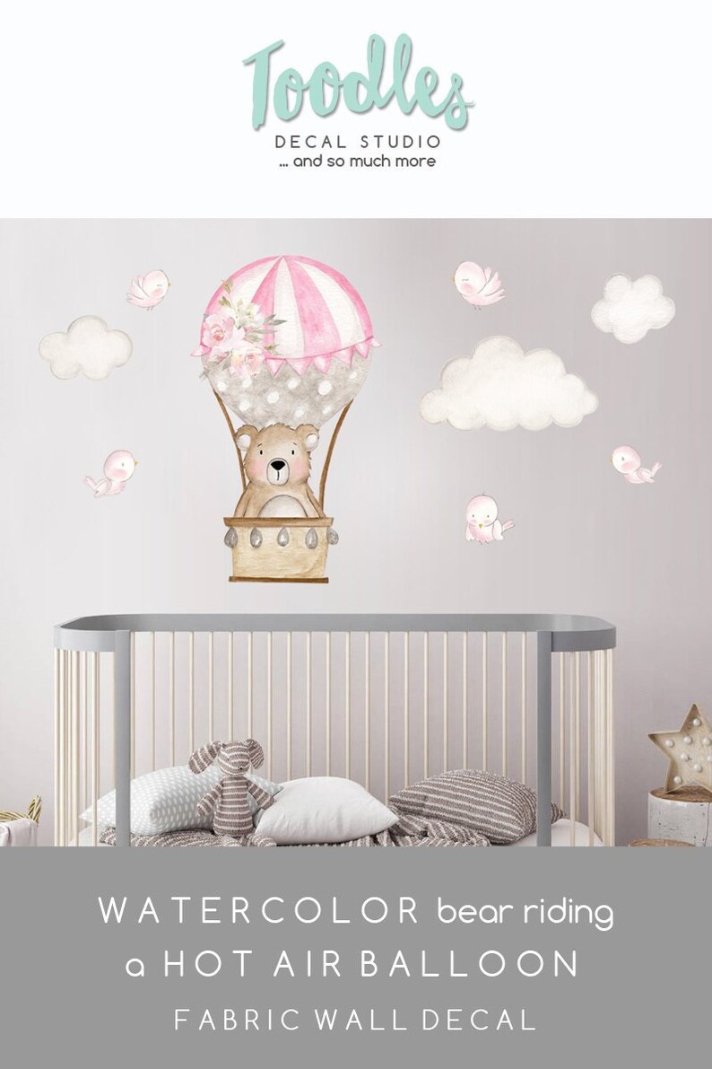 Pink Hot Air Balloon Fabric Decal Nursery Watercolor Bear Wall Decor Girls Cute Animal Wall Stickers Reusable Decals Baby Bedroom