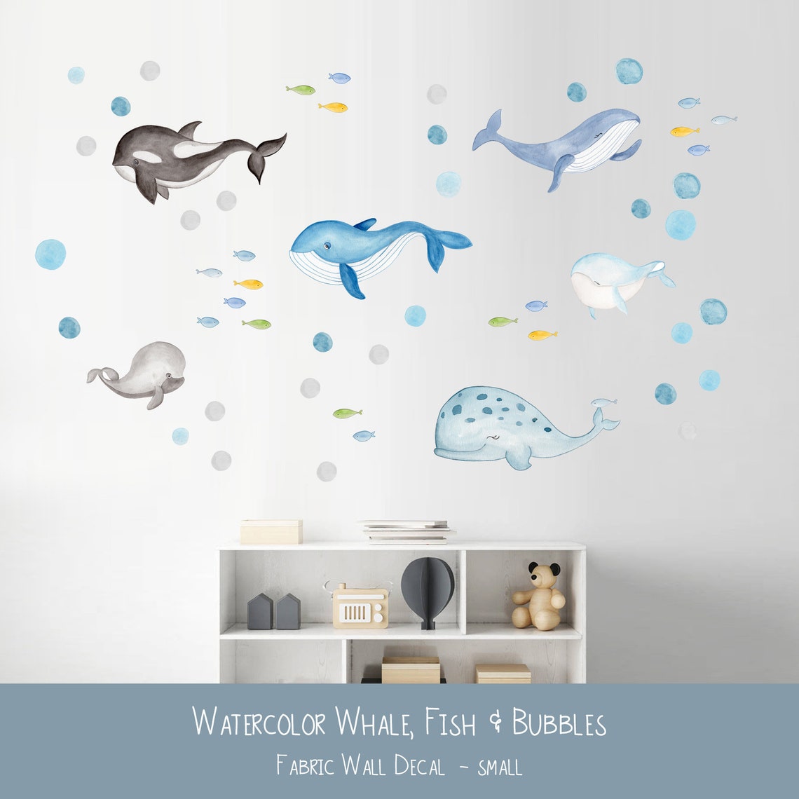 Large WHALE wall decal set fabric stickers Etsy