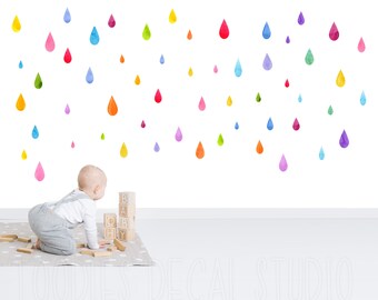 Raindrops fabric wall decals | Removable, reusable wall stickers | bright colored nursery decor | Kids room art | watercolor rain