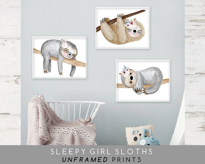 Girls Sloth Wall Art Prints Nursery Cute Boho Animal Wall | Etsy