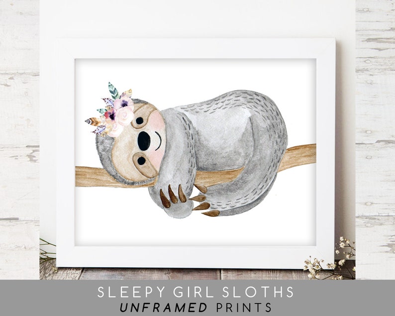 Girls Sloth Wall Art Prints Nursery Cute Boho Animal Wall - Etsy