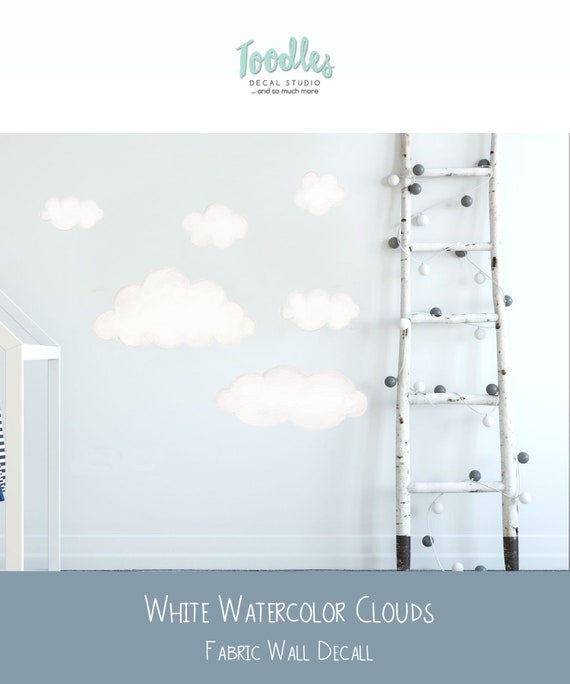 Clouds Fabric Wall Decal For Boys Or Girls Nursery Bedroom Watercolor Cloud Wall Art Stickers Repositionable Adhesive Fabric Wall Art