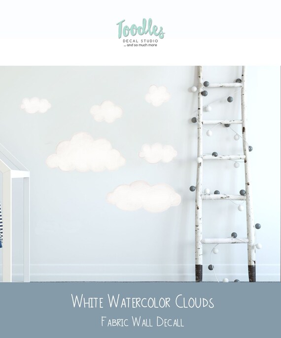 Clouds Fabric Wall Decal For Boys Or Girls Nursery Bedroom Watercolor Cloud Wall Art Stickers Repositionable Adhesive Fabric Wall Art