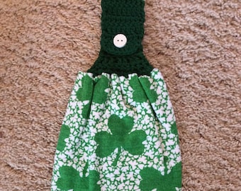 Hanging Kitchen Towel - Crochet Top Towel - Happy St. Patrick’s Day - Clovers - Irish - Double and Reversible - Hanging Refrigerator Towel