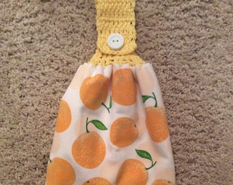 Hanging Kitchen Towel - Oranges - Tangerines - Citrus - Fruit - Crochet Top Towel - Double and Reversible - Refrigerator Towel