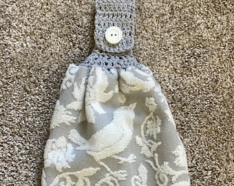 Toalla de cocina colgante - Toalla superior de ganchillo - Pájaros - Gris - Flores - Jardín - Toalla colgante con diseño de pájaros - Toalla para refrigerador - Doble y reversible