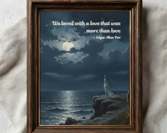 Arte murale stampabile di Edgar Allan Poe / Citazione gotica della poesia di Anabel Lee / Decorazione per biblioteca estetica vintage di Dark Academia / Regalo di San Valentino