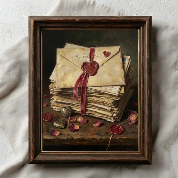 Vintage Love Letters Wall Art | Moody Oil Painting Print | Dark Academia Decor | Romantic Valentines Day Gift