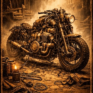 The Core Steampunk Motorcycle Poster – Scrap Built Engine Art, Industrial Garage Wall Decor, Workshop Motorcycle Print