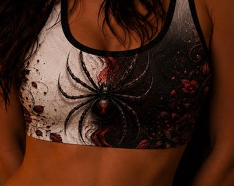 Black Widow Sports Bra | Soft Goth Activewear | Gothic Spider Gym Bra | Dark Feminine Workout Top