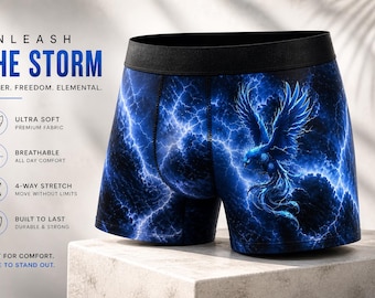Blue Lightning Boxer Briefs for Men – Phoenix Storm Print Underwear, Soft Stretch Comfort Fit
