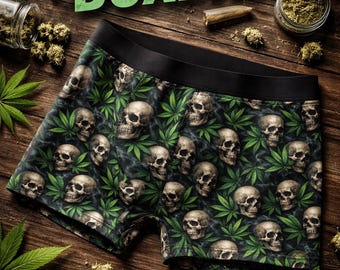 Skull Weed Boxer Briefs for Men, Gothic Cannabis Underwear, Skull Marijuana Boxers, Alternative Men’s Underwear, Edgy Gift for Him