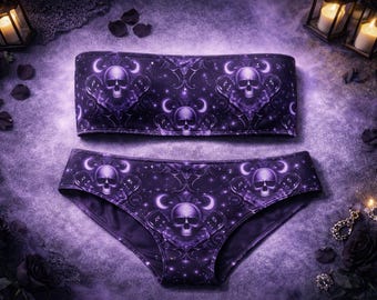 Gothic Skull Moon Strapless Bikini Set, Purple Celestial Swimwear, Alternative Beachwear