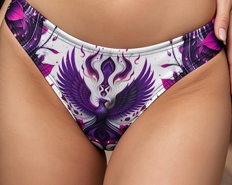 Phoenix Thong Underwear, Purple Floral Thong, Soft Stretch Panties, Low Rise Seamless Lingerie, Cute Comfortable Underwear