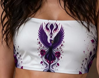 Phoenix Print Bandeau Top, Soft Stretch Crop Tube Shirt