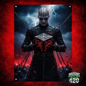 Pinhead Hellraiser Inspired Steel Poster - 12x16 Steel Poster Wall Art - Gothic Horror Decor - Cenobite Lament Configuration Puzzle Box Art