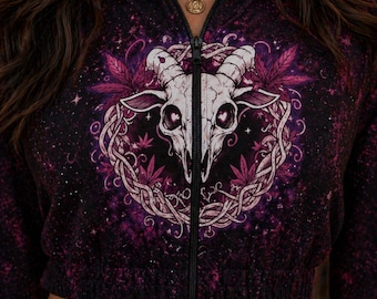 Goth Crop Hoodie, Galaxy Skull Zip Up, Aesthetic Cropped Hoodie, Soft Grunge Streetwear