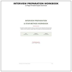Puede incluir: Un cuaderno de trabajo digital imprimible de 22 páginas para la preparación de entrevistas con el texto INTERVIEW PREPARATION WORKBOOK, INTERVIEW PREPARATION & STAR METHOD WORKBOOK, secciones para PLAN, PRACTICE y PREPARE, y la marca TheIdDoDesignCo.