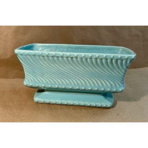 Vintage McCoy Pedestal Turquoise Ribbed Swirl Pottery Rectangle 9.5”x 4.5”