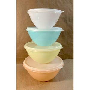 Può includere: Una pila di quattro ciotole rotonde in plastica con coperchi abbinati. Le ciotole sono disposte dall'alto verso il basso nei colori bianco, azzurro, giallo pallido e pesca tenue. Ogni ciotola presenta un design liscio e curvo.