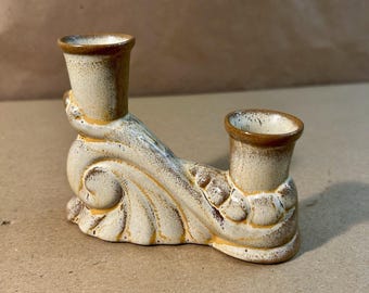 Candelabro doble vintage Frankoma n.° 304 - Crema/Beige/Arena