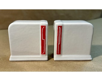 Vintage O’Keefe & Merritt Salt and Pepper Shakers 3”x3"x 1"- Art Deco-White and Red