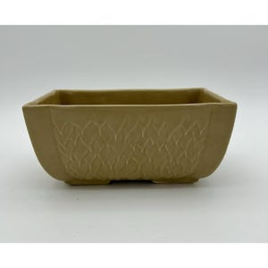 May include: A rectangular ceramic planter with a matte tan finish. The exterior walls feature a repeating embossed leaf-like pattern that covers the entire surface. The planter has a wide, open top and a flat base, providing a stable structure.