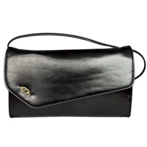 May include: Black leather clutch with a gold-tone chain detail on the flap. The bag has a curved top and a thin shoulder strap. The design is sleek and minimalist, suitable for evening wear or special occasions.