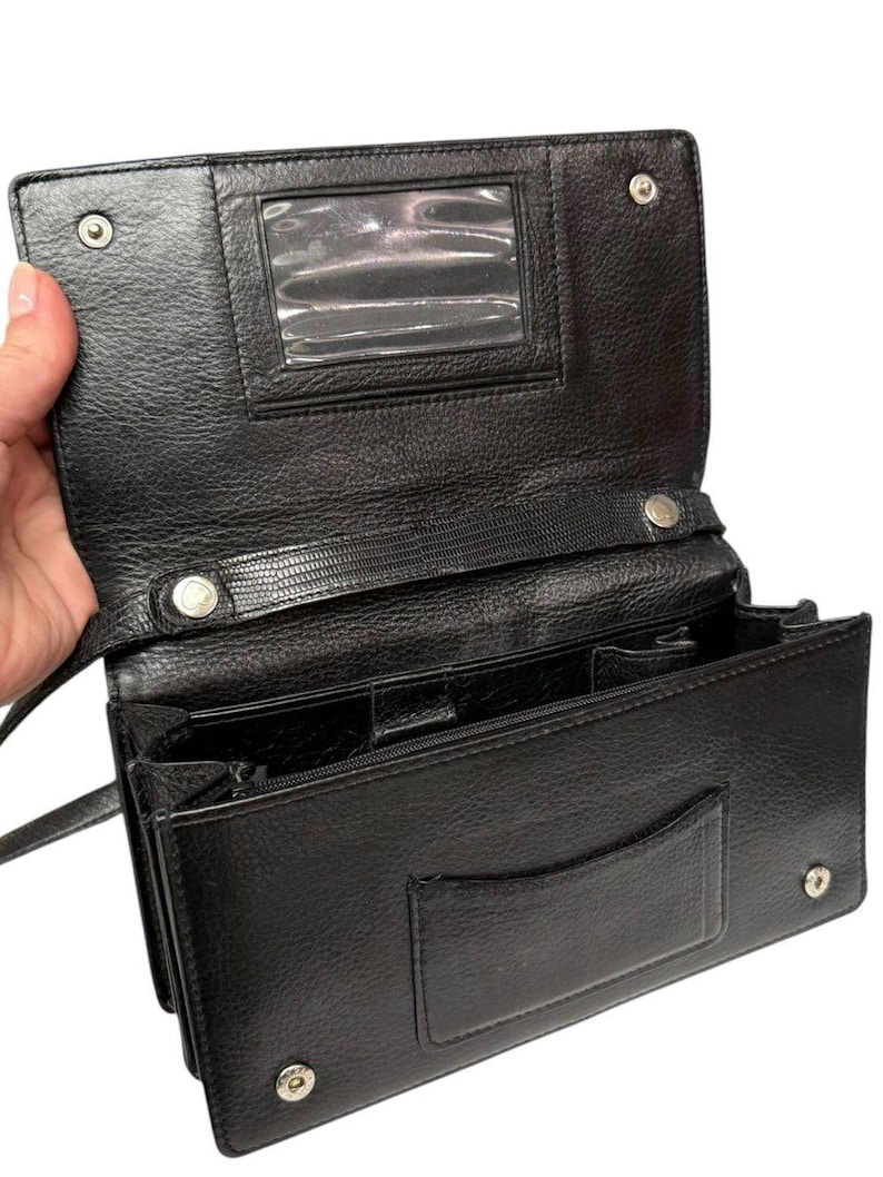 Vintage Brighton Black Leather Organizer Wallet Crossbody Clutch Medallion 画像 4