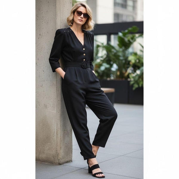 Vintage 1980s Black Jumpsuit Gold Button Detail Size Petite 16 S.L. Petites