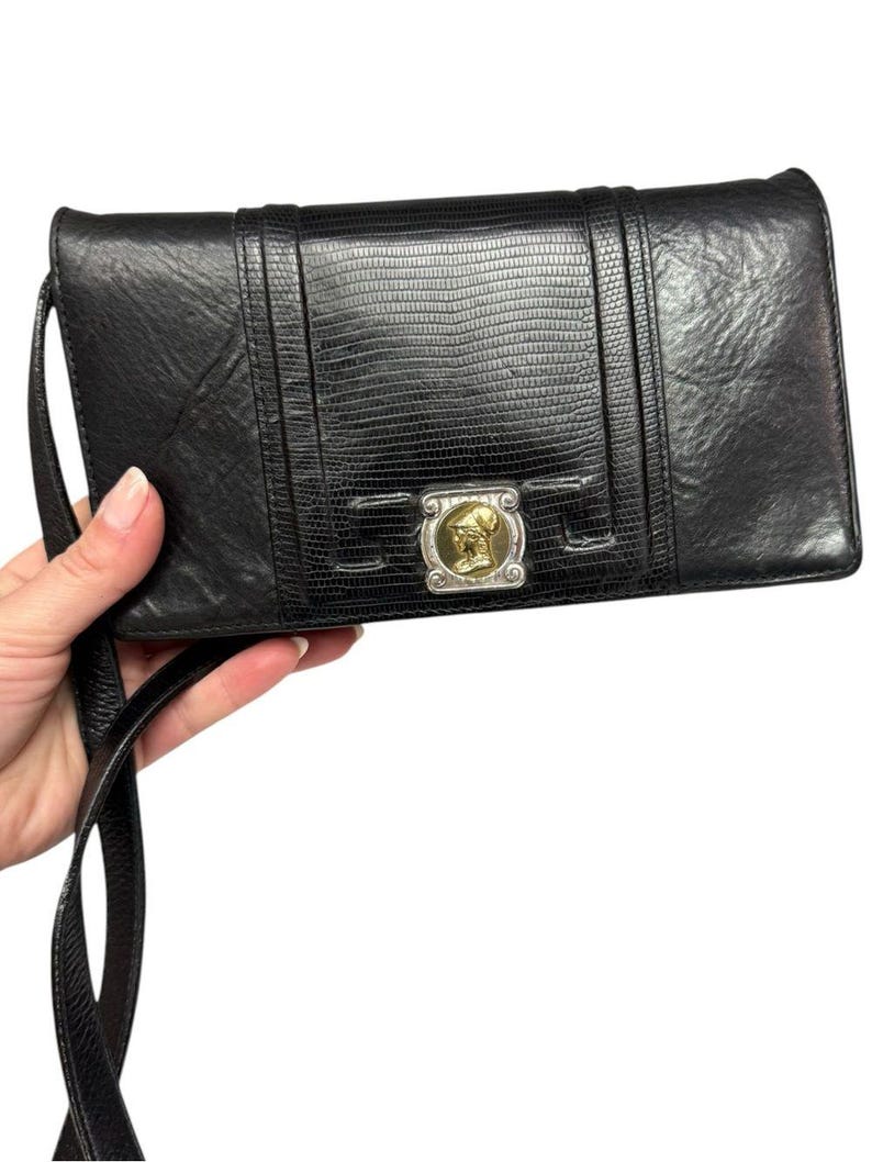 Vintage Brighton Black Leather Organizer Wallet Crossbody Clutch Medallion 画像 14