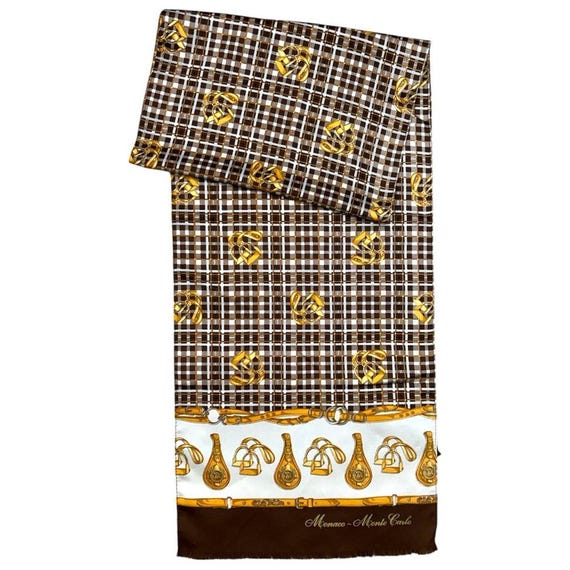 Monaco Equestrian Silk Scarf Monaco Monte Carlo Equestrian Scarf Brown/gold 60x12 Made in  main image 2