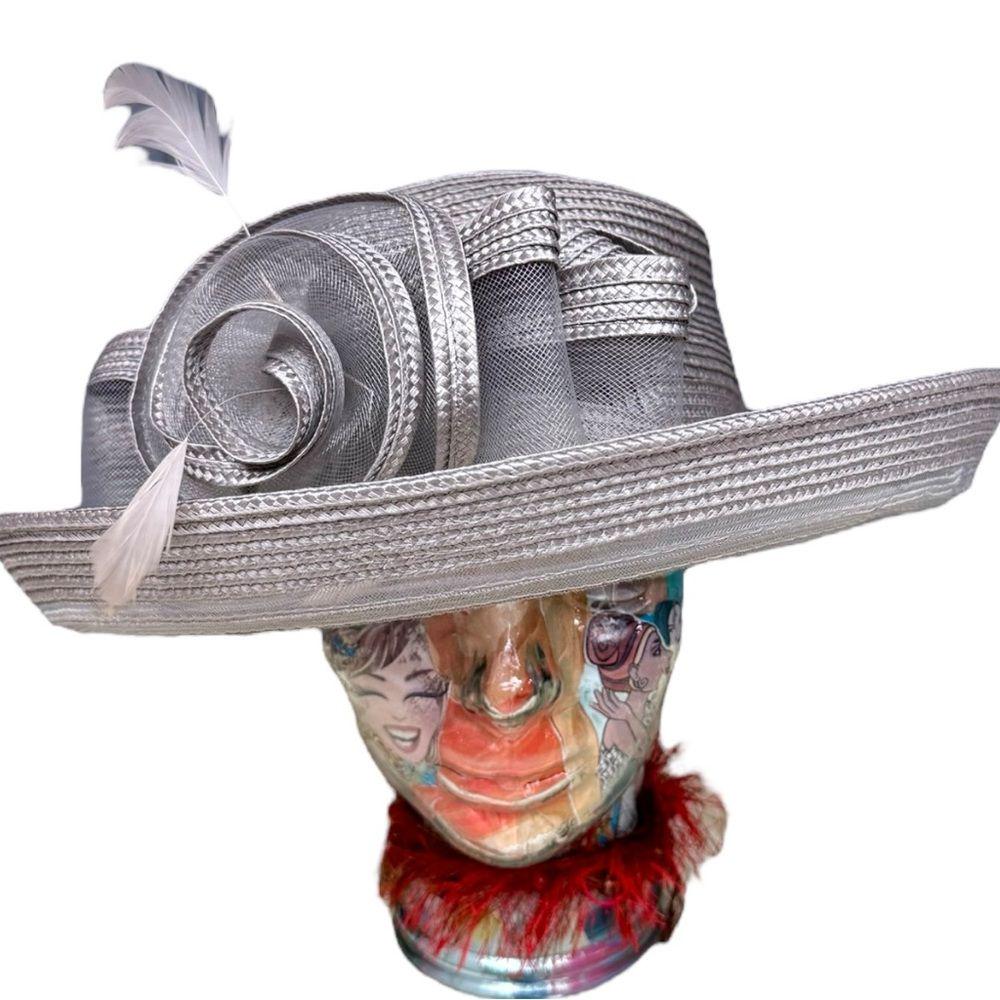 August Hat Company Silver Satin Feather Church Dress Hat Like New August Hat Co Church Wedding Fancy Dress Hat $92 Tags #HT218  main image 3