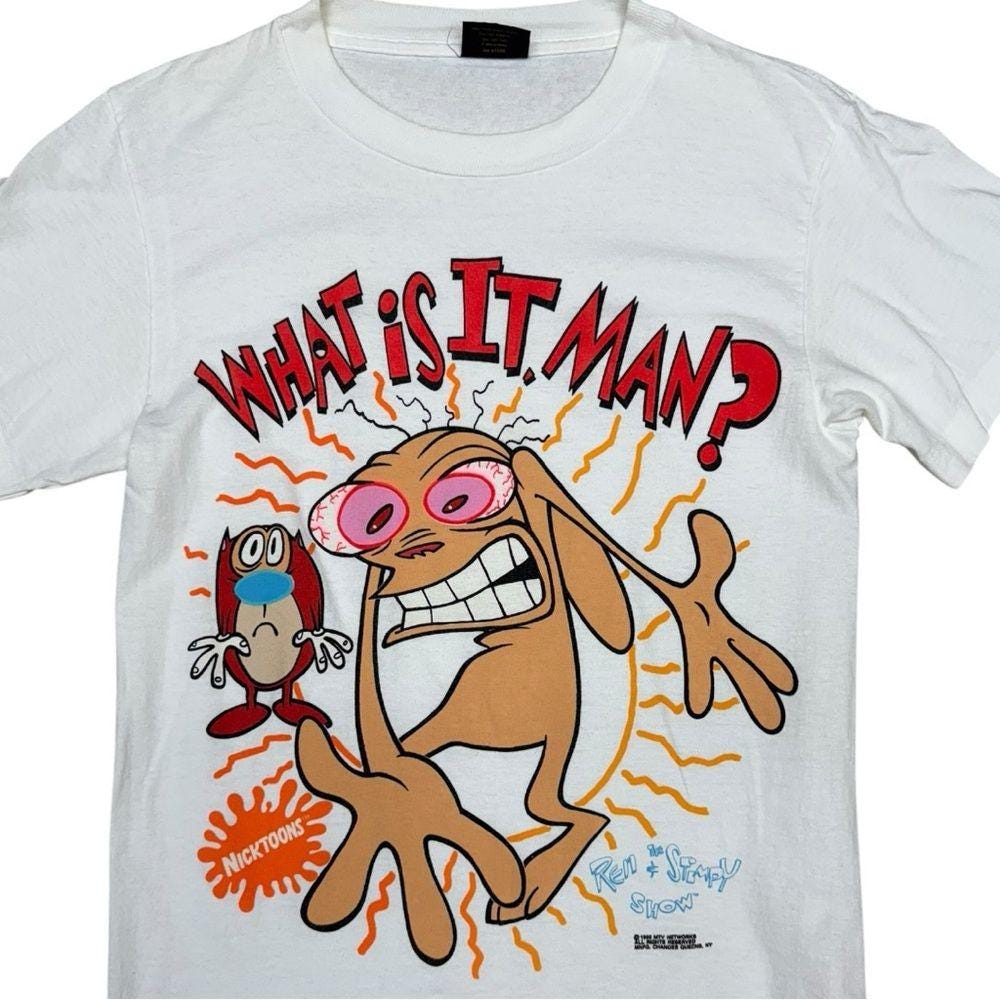 Vintage 90s Ren & Stimpy What is It Man? Graphic T-shirt White