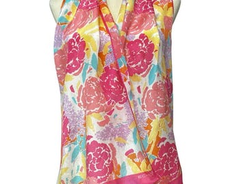 Echo Pink Floral Silk Scarf, Floral Multicolor Silk Scarf, Pink Blue Yellow