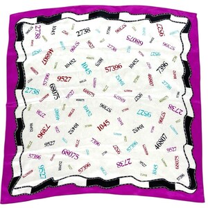 May include: Square silk scarf with a white background, featuring a repeating pattern of numbers in various colors, framed by a black and white border, and a bright pink edge.