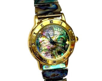 Vintage Abalone Shell Stretch Watch Gold Tone Mother of Pearl Dial Japan Quartz