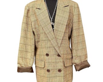 J.G. Hook Wool Glen Plaid Double Breasted Blazer Brown Check Size 10