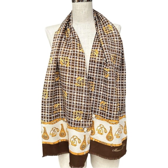 Monaco Monte Carlo Equestrian Scarf Brown/gold 60x12 Made in  display picture 2