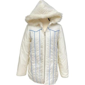 Vintage Skiwear Coat Amerex White Quilted Ski Jacket with Faux Fur Hood - Size L