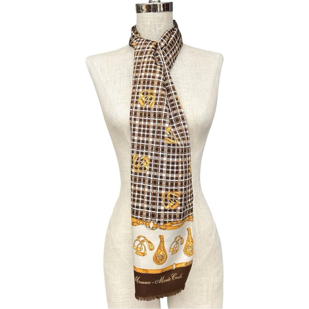Monaco Monte Carlo Equestrian Scarf Brown/gold 60x12 Made in  display picture 3