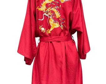 Vintage Red Dragon Embroidered Kimono Robe Belted, Size Large