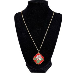 Vintage Cloisonné Red Floral Enamel Pendant Necklace with Gold Tone Chain