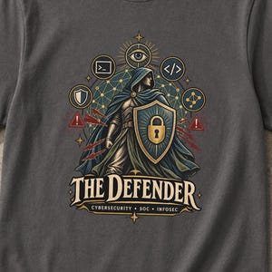 May include: A charcoal grey t-shirt featuring a graphic of a hooded figure holding a shield with a padlock icon. The text reads THE DEFENDER CYBERSECURITY SOC INFOSEC, surrounded by icons of an eye, code brackets, and a shield.