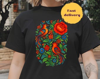 Flower Birds t-shirt, Ukrainian Folk Petrykivka Style Shirt, Gift for Her, Plant Lover tee