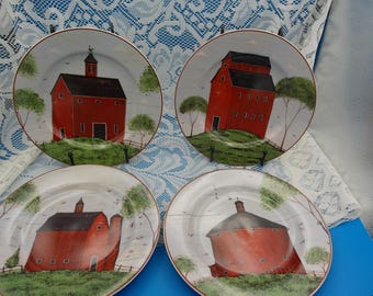 Vintage Warren Kimble "Country Life/Barns" Sallads-/Desserttallrikar, fyra stycken, av Sakura i originalförpackning