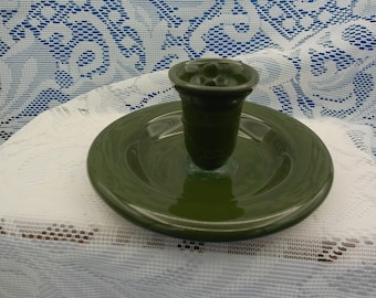 Vintage Green Glazed Ceramic Chamberstick Candle holder - Handmade studio art pottery candle stick with wide drip pan base